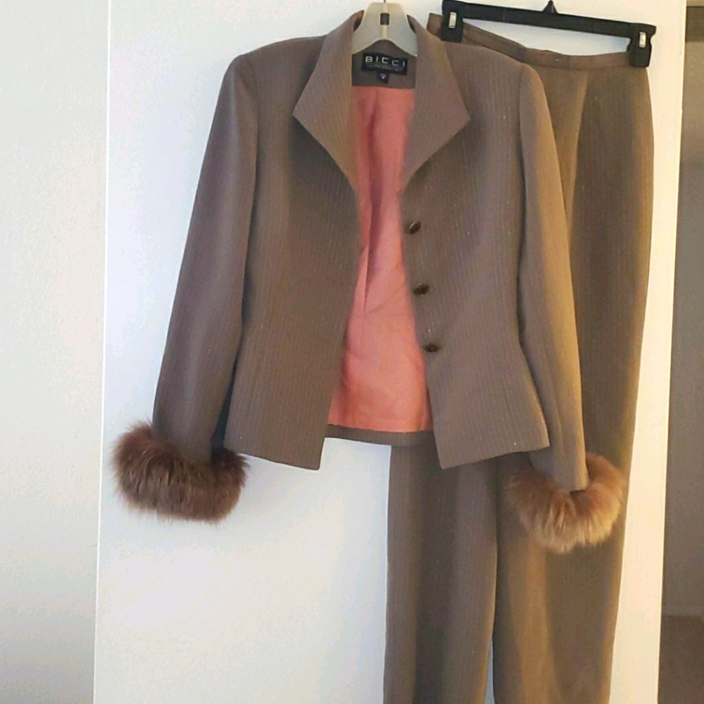 Brown Pantsuit with faux fur on wrist